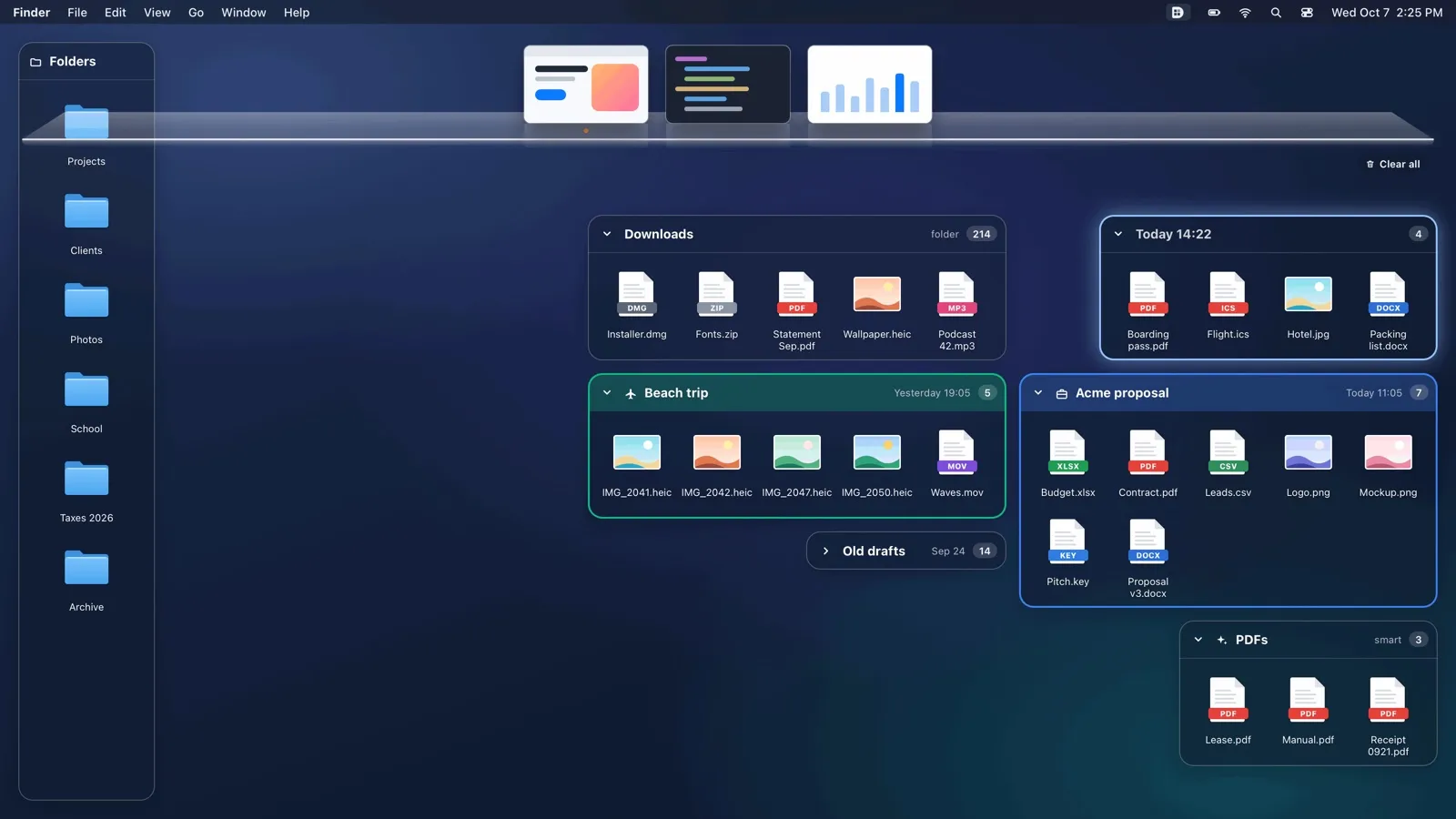 Illustration: folders in a tall box, glass boxes of files and screenshots on the ledge.