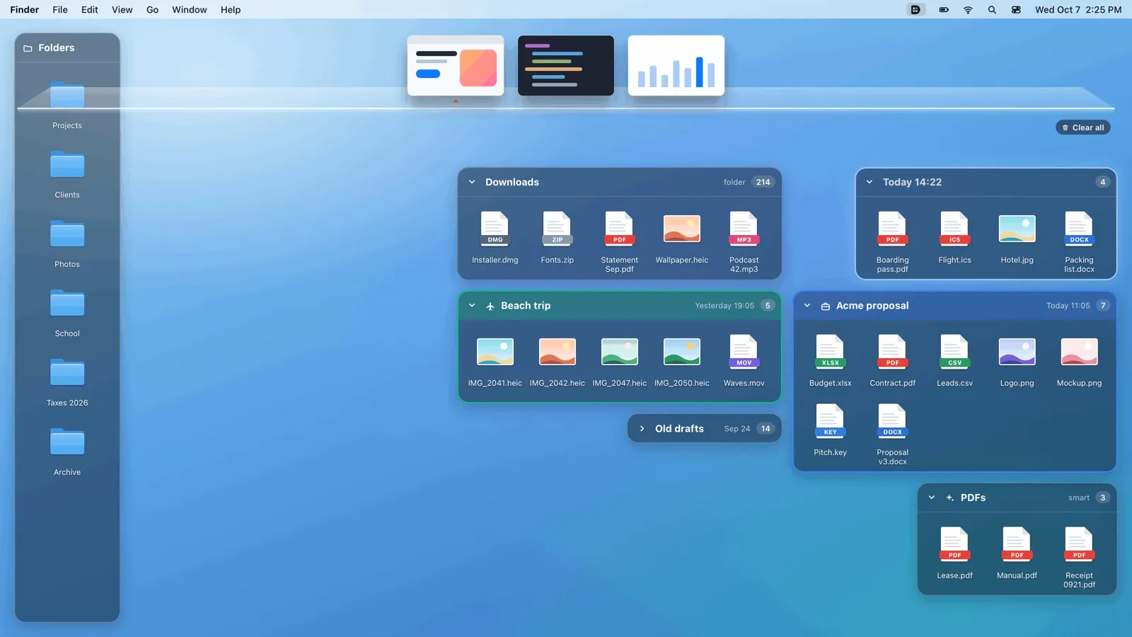Illustration: folders in a tall box, glass boxes of files and screenshots on the ledge.