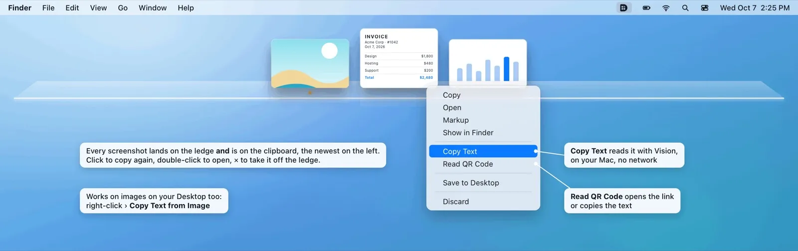 Illustration: the right-click menu of a screenshot, with Copy the Text and Read QR Code.